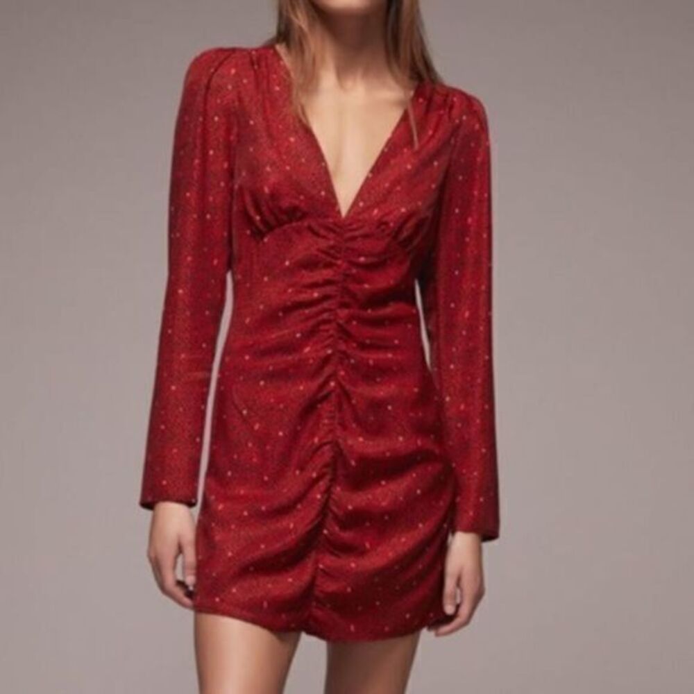 ZARA Red Front Line Ruching mini Dress long sleeve v-neckline size LARGE